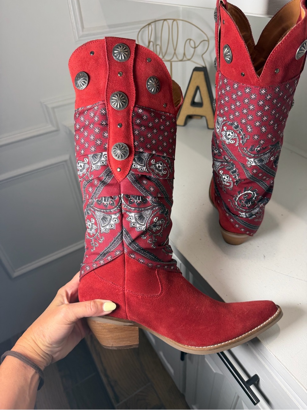 Dingo Womens 9M Red Suede Bandana Cowboy Boots Concho Western Cowgirl - Picture 7 of 9
